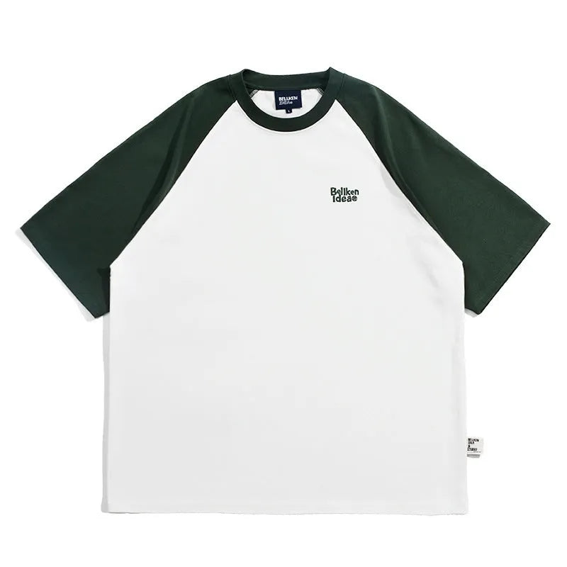 Blue loose-fit men's casual raglan sleeve T-shirt on a hanger