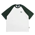 Blue loose-fit men's casual raglan sleeve T-shirt on a hanger
