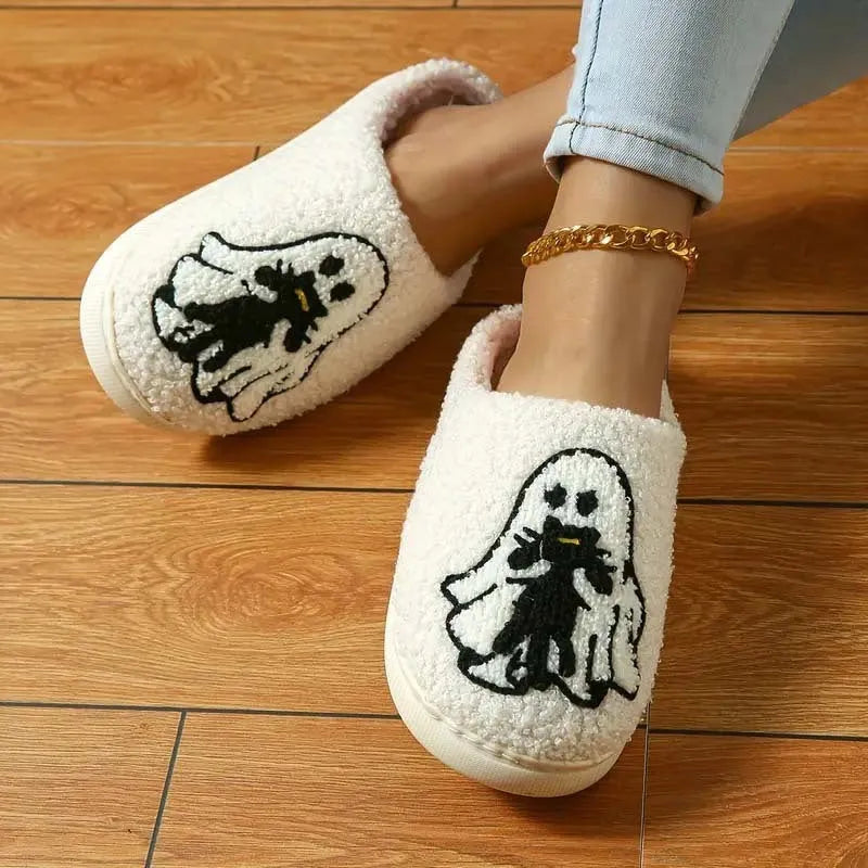 Pair of cartoon ghost embroidery closed-toe slippers with plush upper and non-slip TPR sole