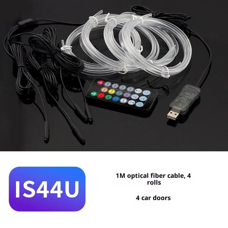 64 colour car atmosphere light with remote control, USB powered optical fibre, PVC and PC, 3m to 8m lengths