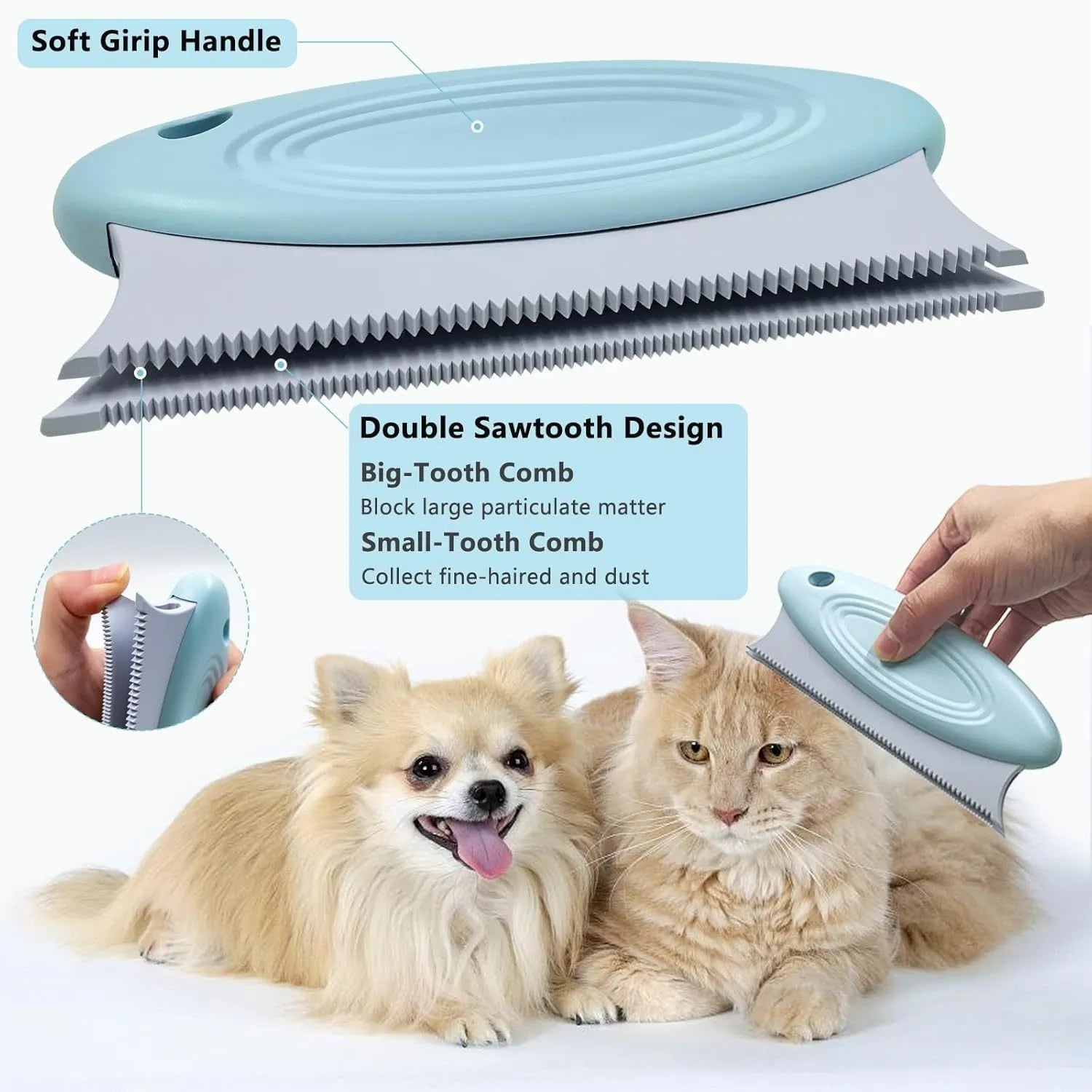 Three-piece pet hair remover set showing metal lint tool, silicone brush, and round sticky surface cleaner