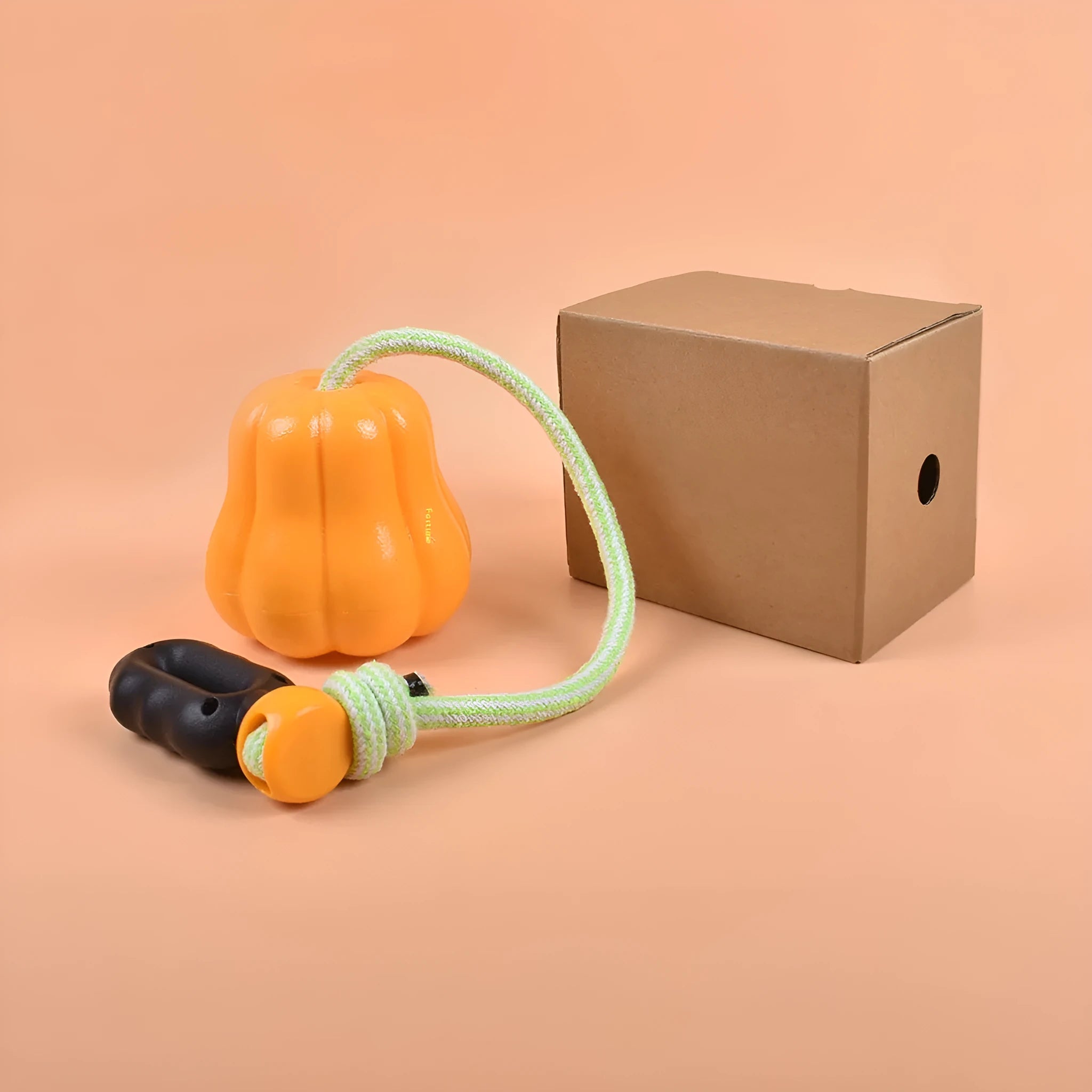 Orange plastic pumpkin-shaped dog toy with a blue rope attached for fetching.