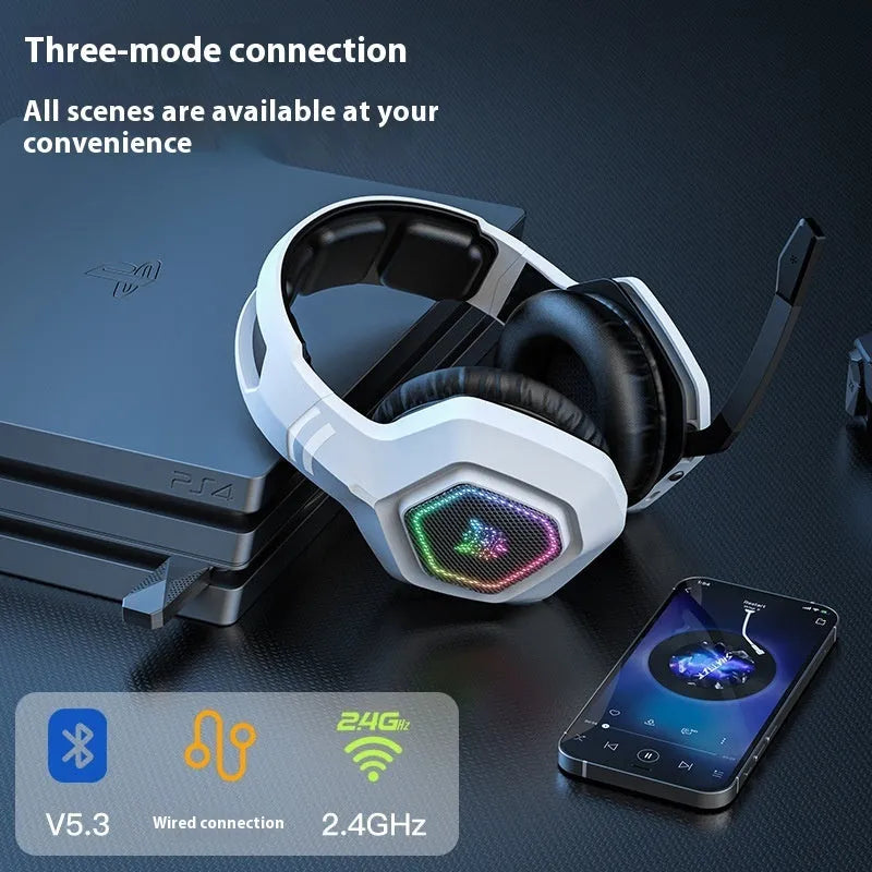 Black or white wireless gaming headset with RGB lights, showing its lightweight 24g design.