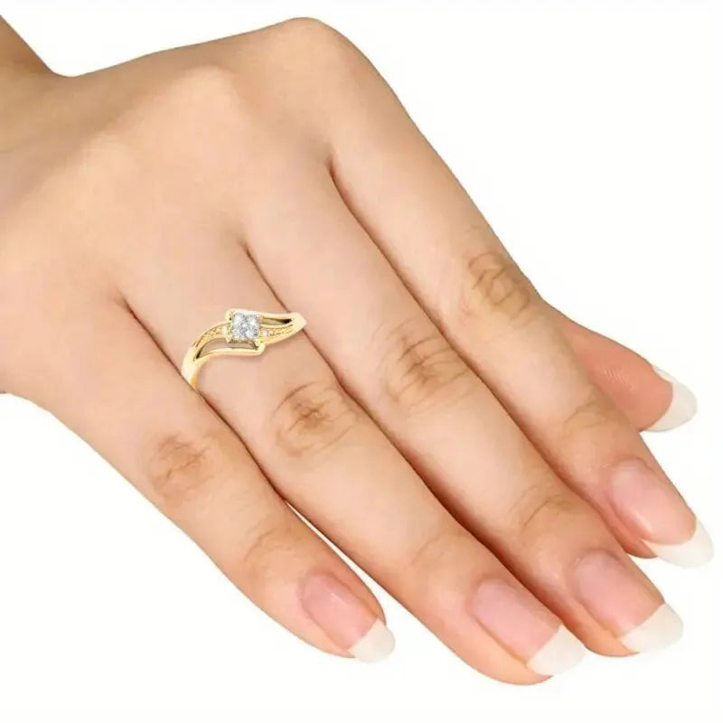 Women's copper diamond ring with micro inlaid zircon ornament in yellow gold colour showing geometric design