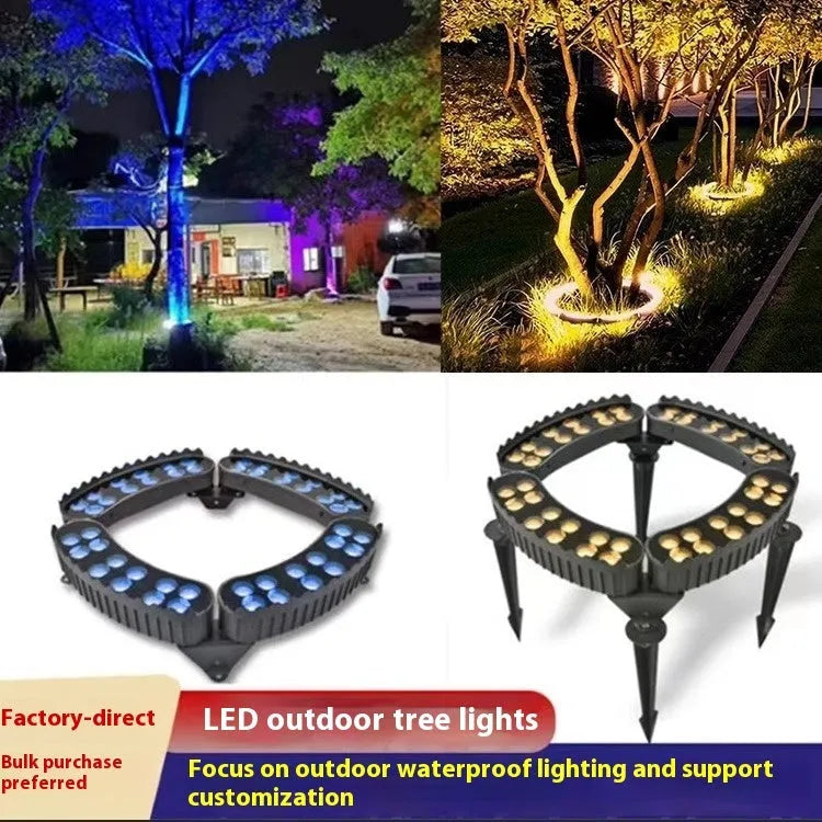 LED tree lamp with aluminium shell, five heads, IP65 rating, warm light, on a garden lawn