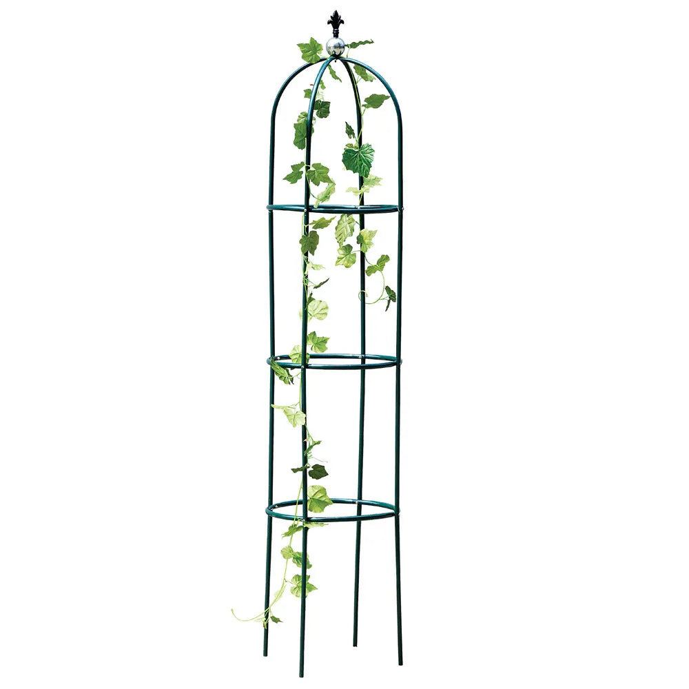 Dark green wrought iron plant climbing stand with lattice design measuring 188cm tall