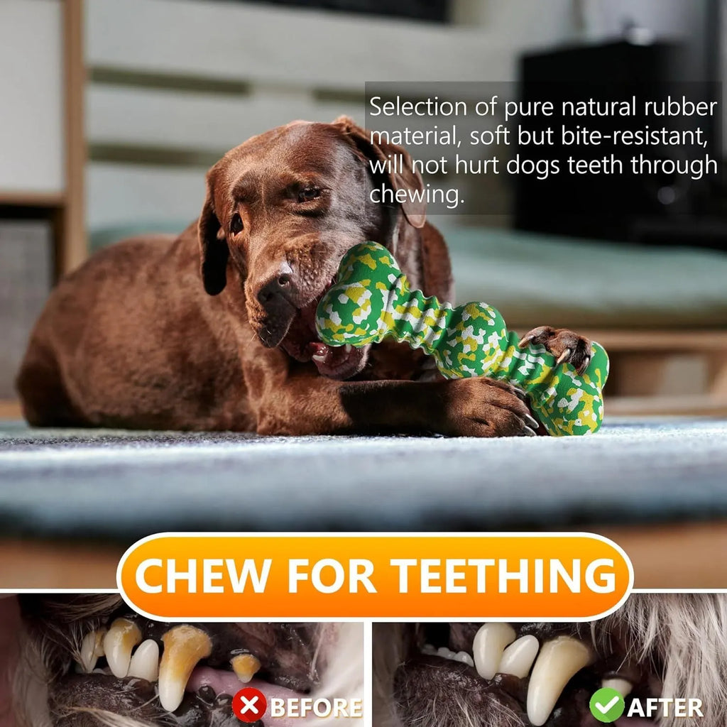Green and white camouflage patterned natural rubber dog chew toy for large breeds on a wooden floor.