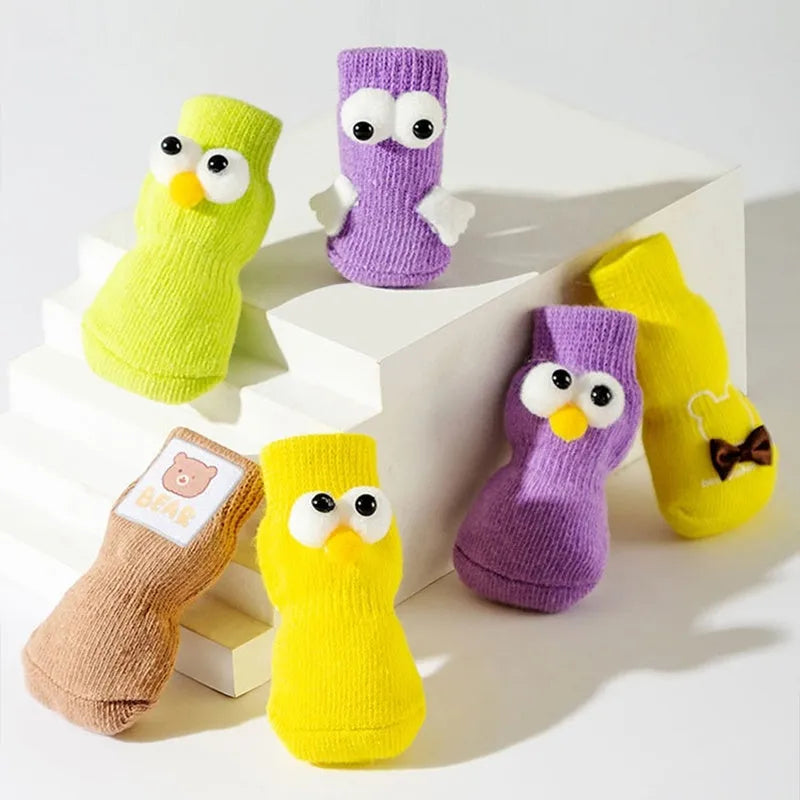 Cartoon big-eyes dog socks with anti-slip particles, cotton blend, green grey purple yellow, sizes S M L