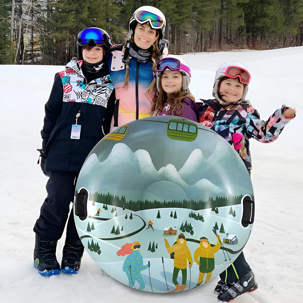 PVC winter skiing ring toy in thick plastic with flame red, ice-blue, and snow mountain printed designs.