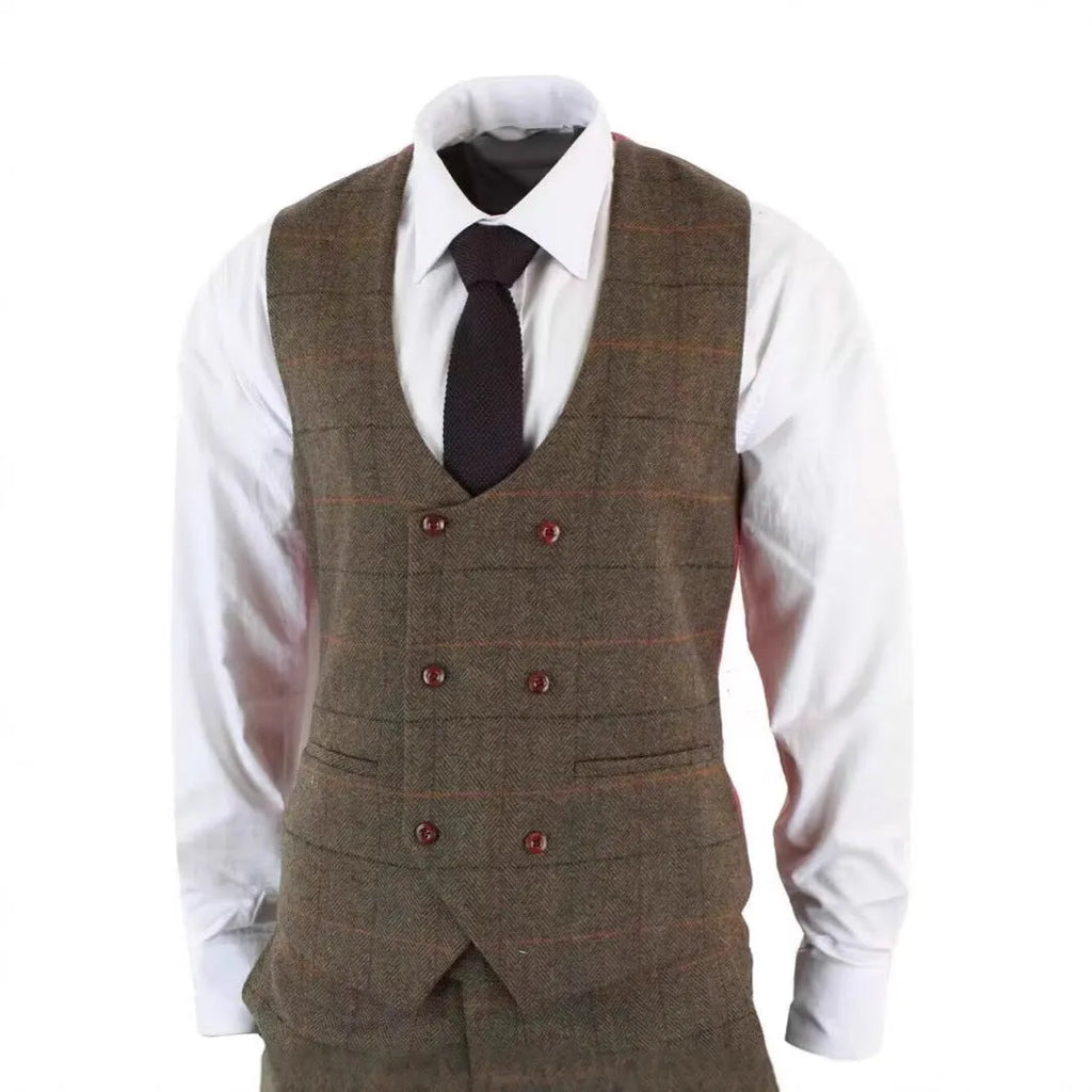 German-style three-piece brown plaid slim fit suit set with coat, vest, and trousers on hanger