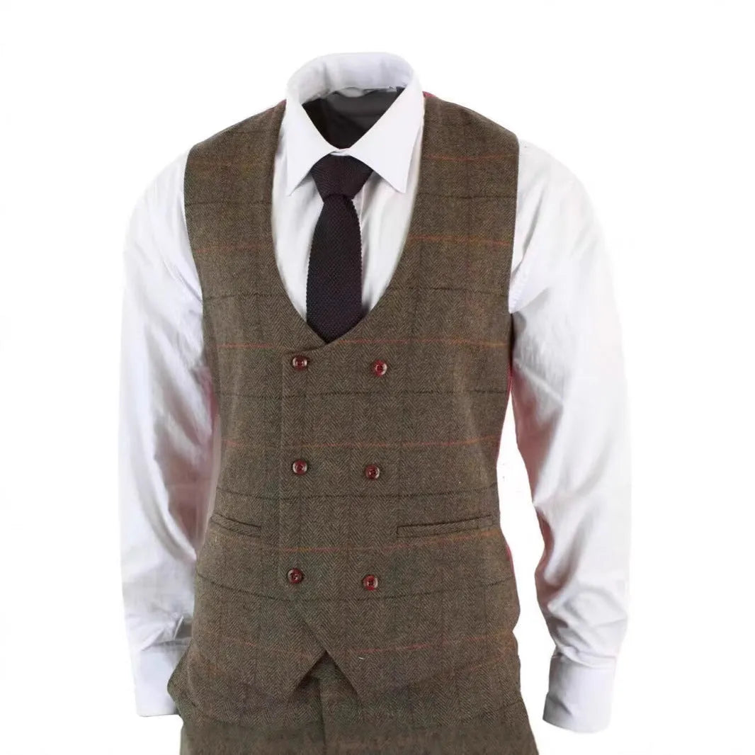 German-style three-piece brown plaid slim fit suit set with coat, vest, and trousers on hanger