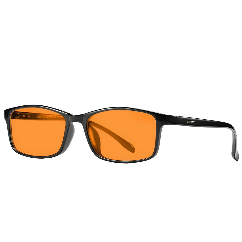 Anti-blue light glasses with orange lenses and full-rim frames in four colour options.