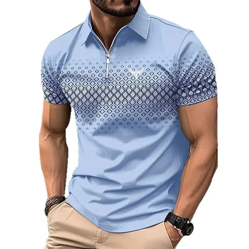 Men's striped rabbit fur sports short sleeve top with zipper decorations, loose fit, summer casual wear