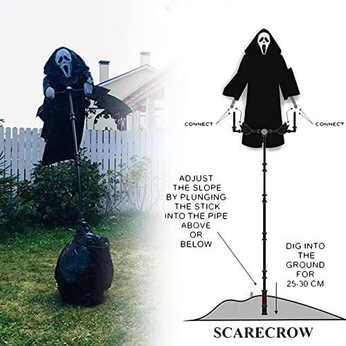 Plastic skeleton scarecrow Halloween decoration with screaming skull, measuring 70cm tall.