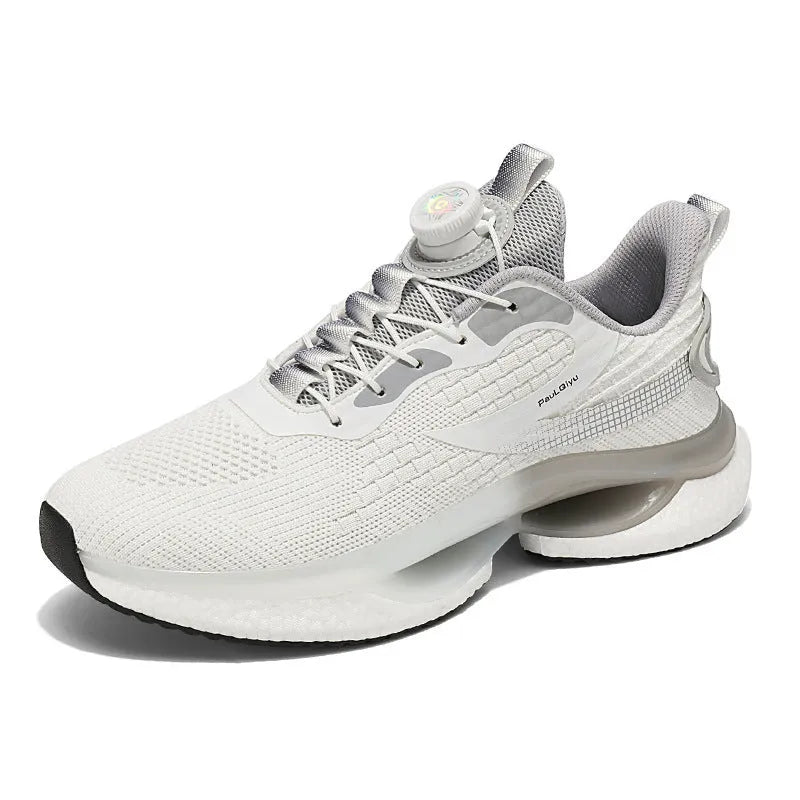 Men's white rotating buckle sports shoes with breathable mesh upper and Korean style design