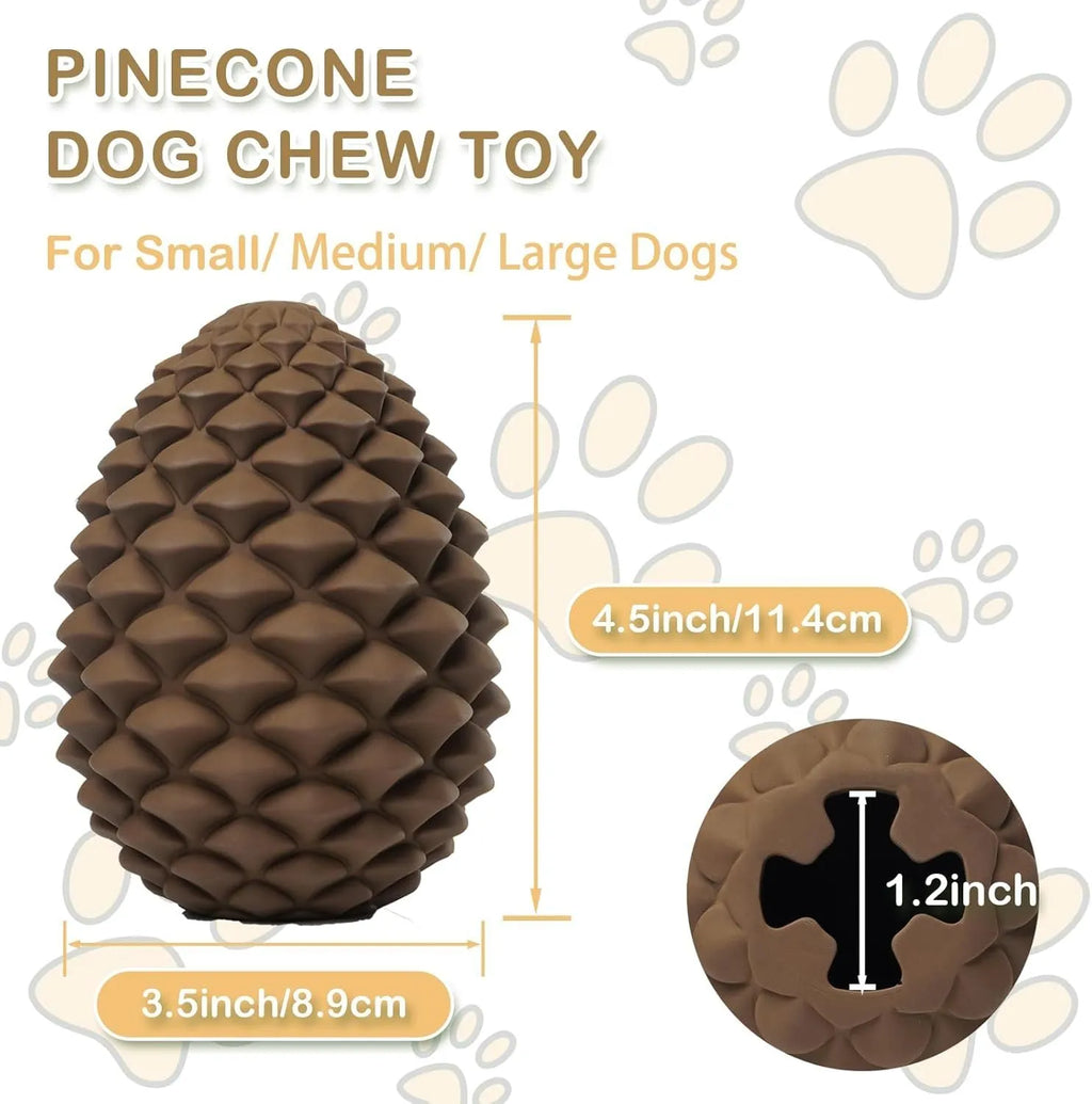 Yellow pine cone-shaped natural rubber dog chew toy with treat dispenser hole.