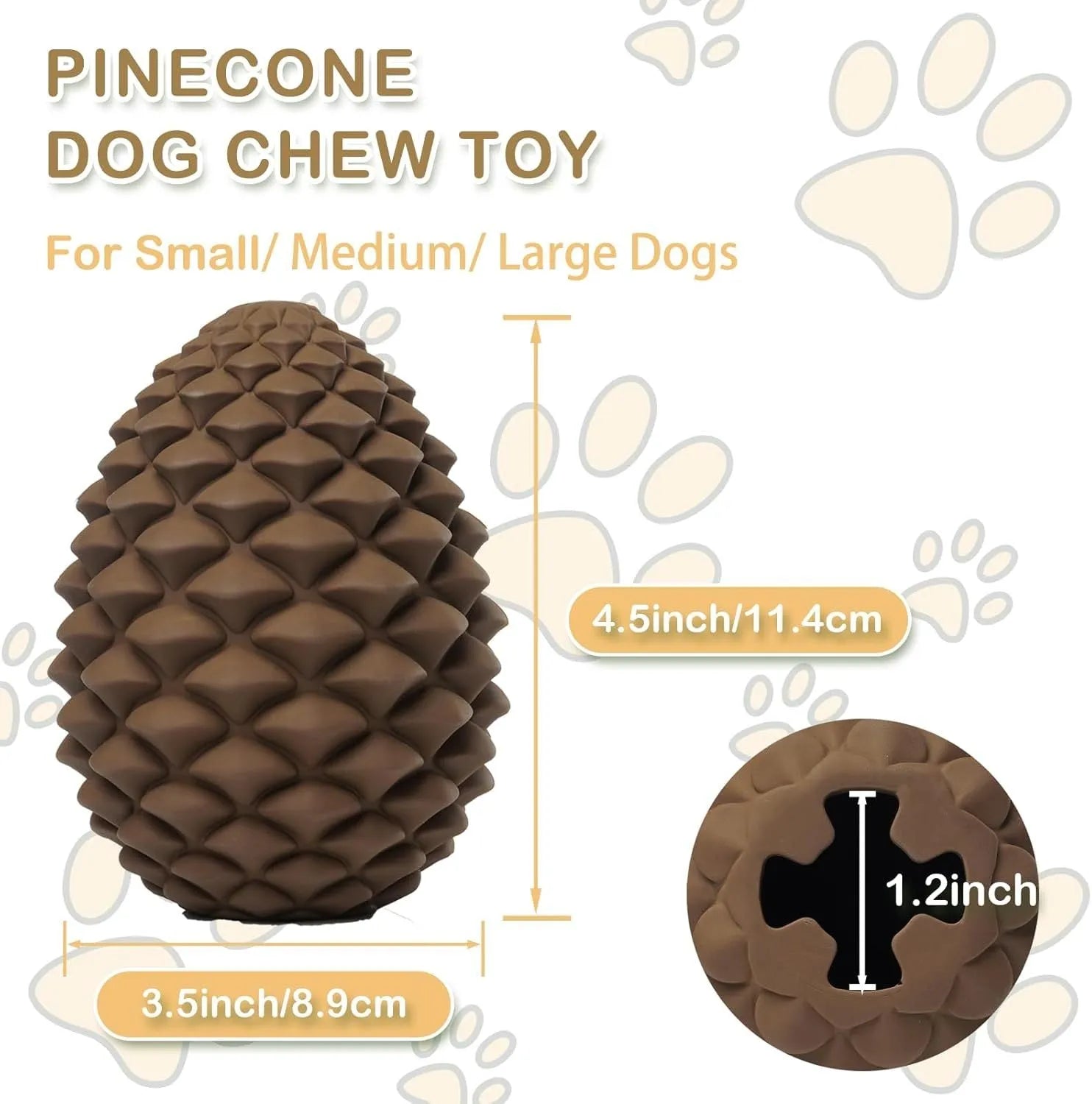 Yellow pine cone-shaped natural rubber dog chew toy with treat dispenser hole.