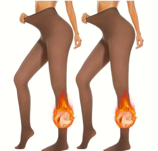 Women's anti-snagging thermal leggings in black and coffee colours showing wool lining and footed style.