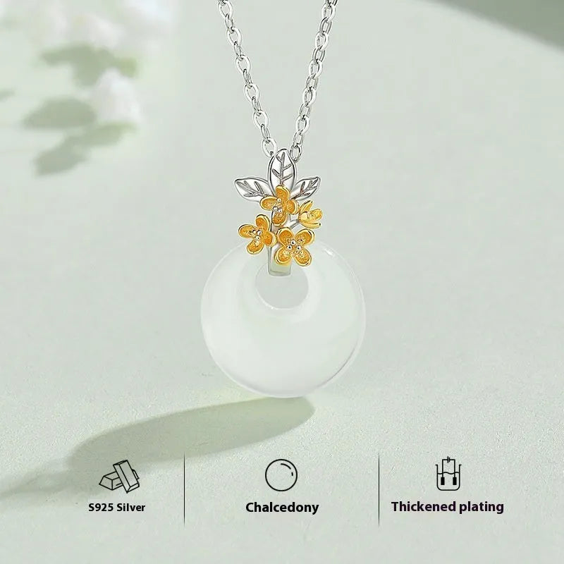 White chalcedony flower pendant necklace in S925 silver with peace buckle, shown in a choice of 12 floral styles