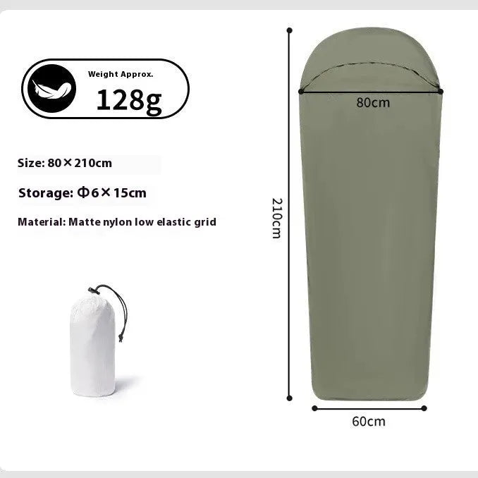 Blue mummy-style nylon camping sleeping bag shown rolled, highlighting its tapered 210cm length and compact design.