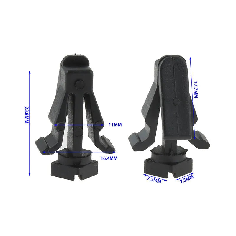 Black automotive fastener clip for Nissan bumper and grille, part number 76882-0M060.