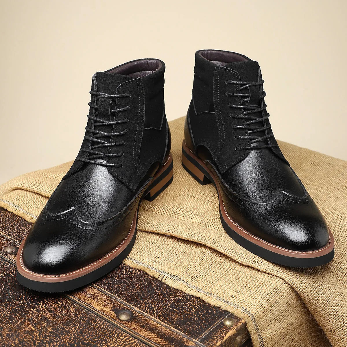 Men's retro Martin boots with carved leather patchwork, block heel, pointed toe, in brown colour
