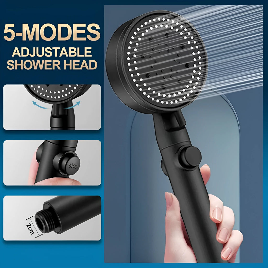 Black portable shower head with 5-speed dial, connected to a silver hose and mounted on a white punch base.