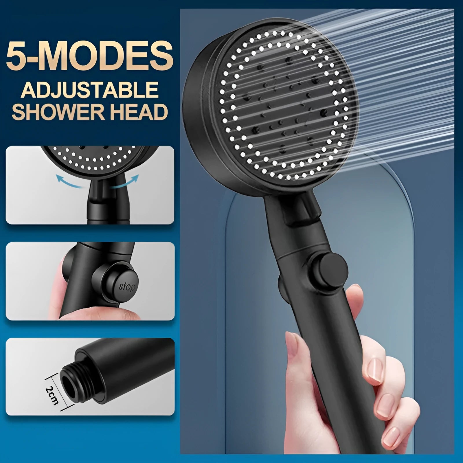 Black portable shower head with 5-speed dial, connected to a silver hose and mounted on a white punch base.