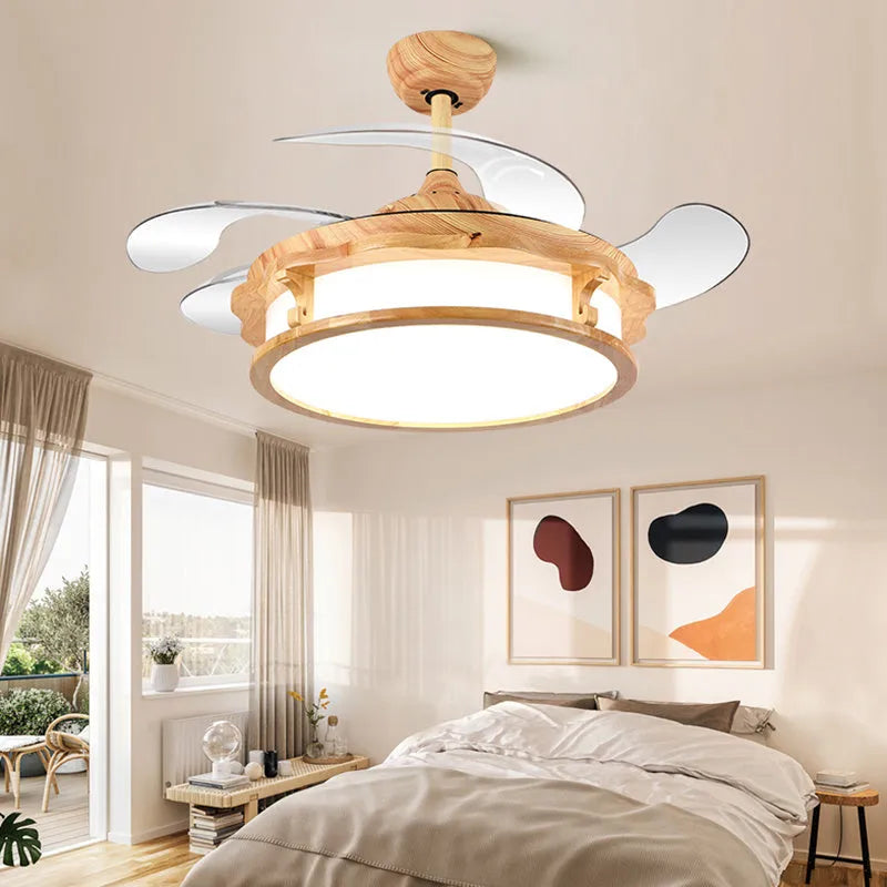 Japanese invisible ceiling fan lamp with wood lampshade, ABS blades, beige or yellow, 42 or 48 inch, 220V