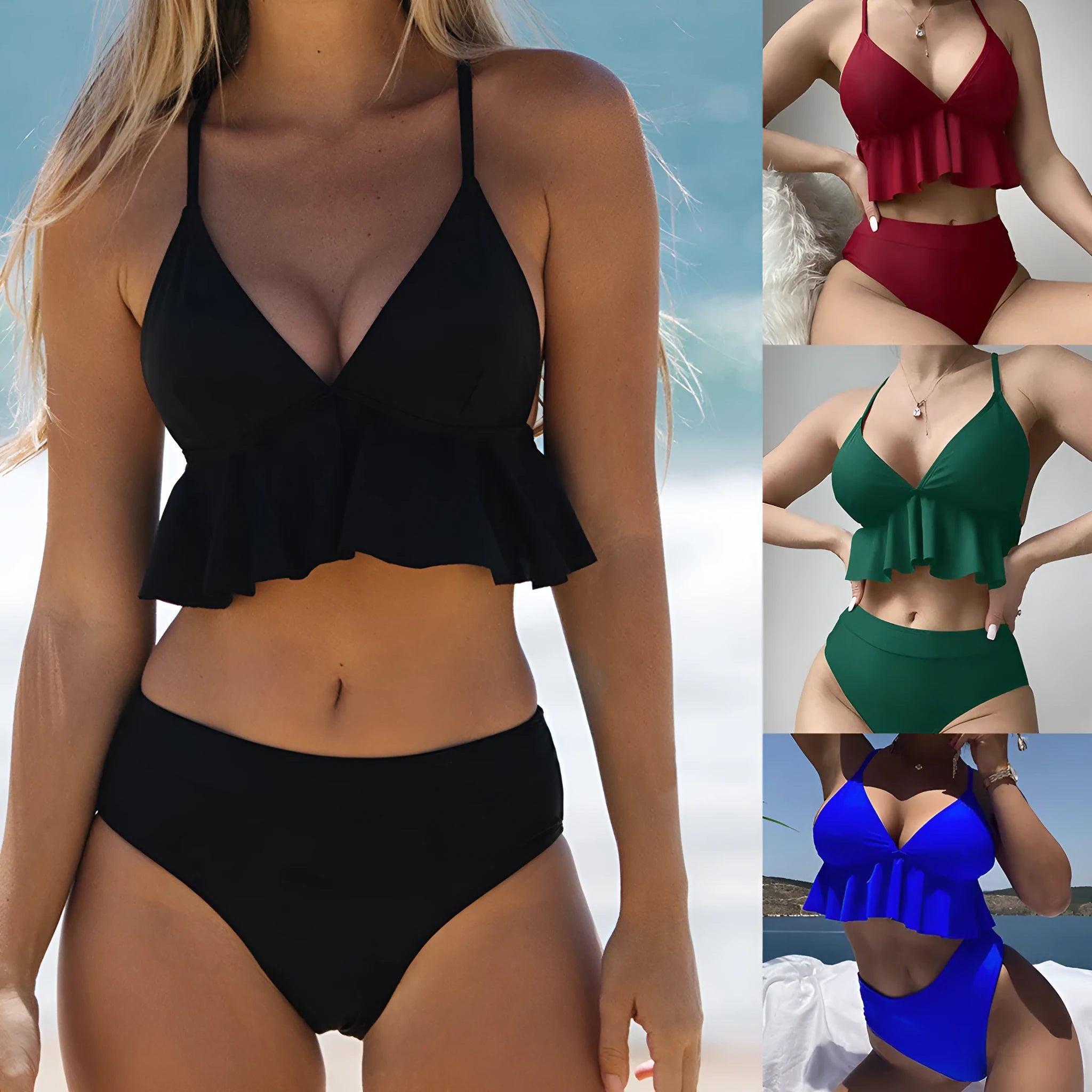 Women's solid colour split bikini swimsuit in polyester spandex fabric on mannequin