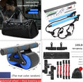 Double wheel abdominal exerciser with automatic rebound and blue kneeling pad on a dark surface