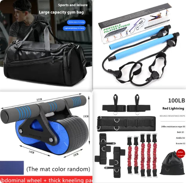 Double wheel abdominal exerciser with automatic rebound and blue kneeling pad on a dark surface
