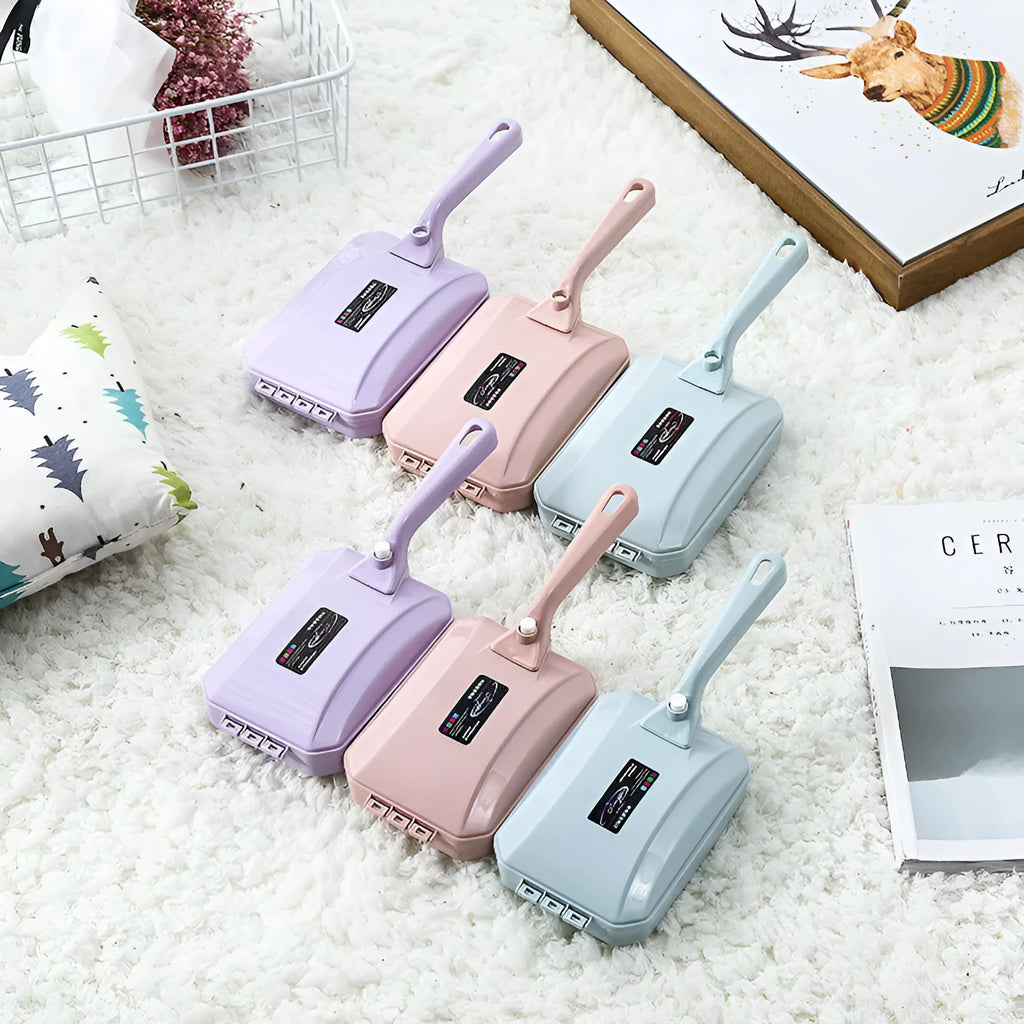 Electrostatic dusting brush vacuum attachment for hair removal on bed sheets, sofas, and carpets in blue