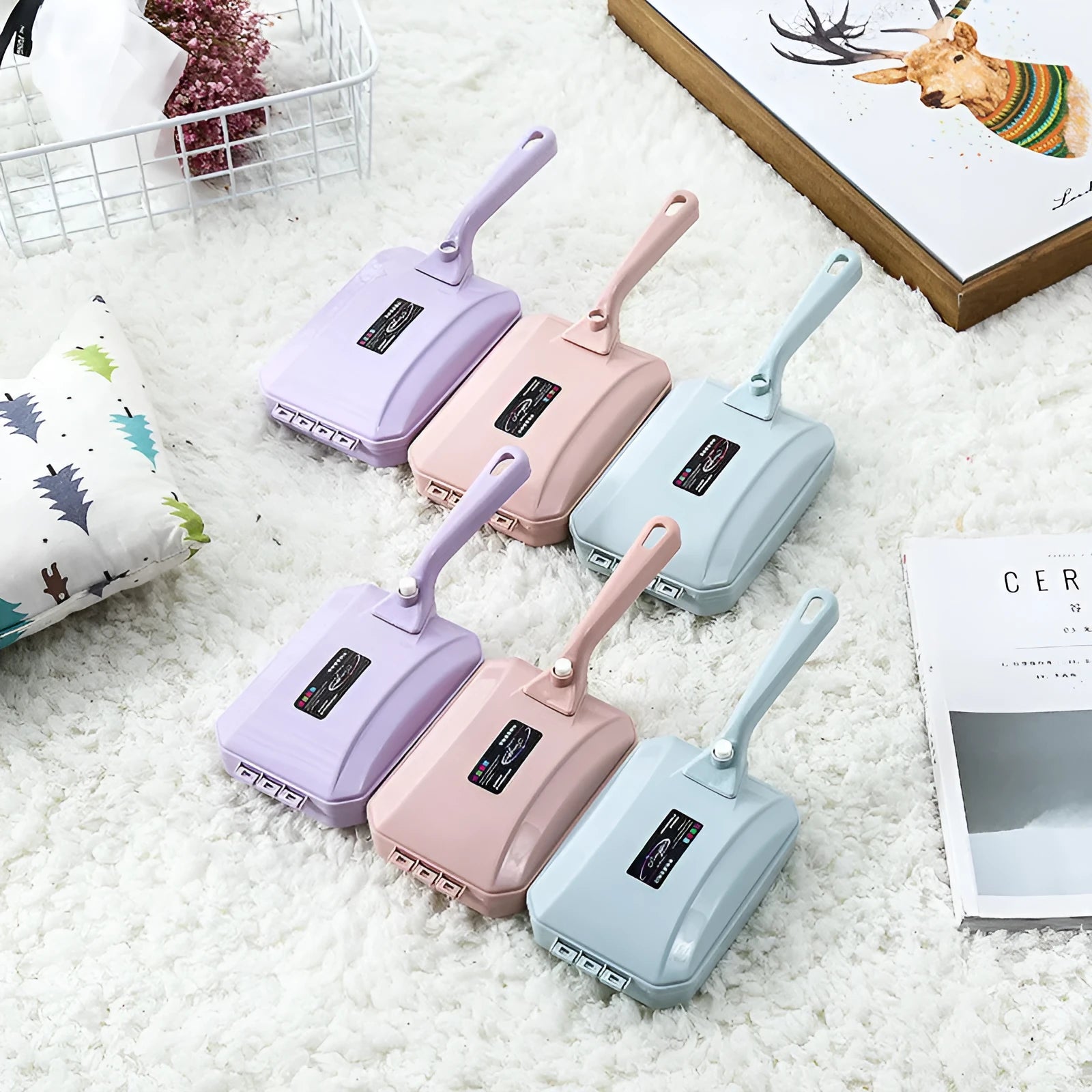 Electrostatic dusting brush vacuum attachment for hair removal on bed sheets, sofas, and carpets in blue