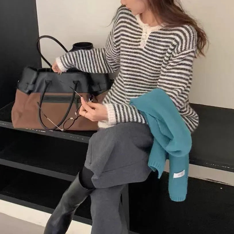 Retro striped cashmere pullover sweater for women in red or blue colour with free size fit