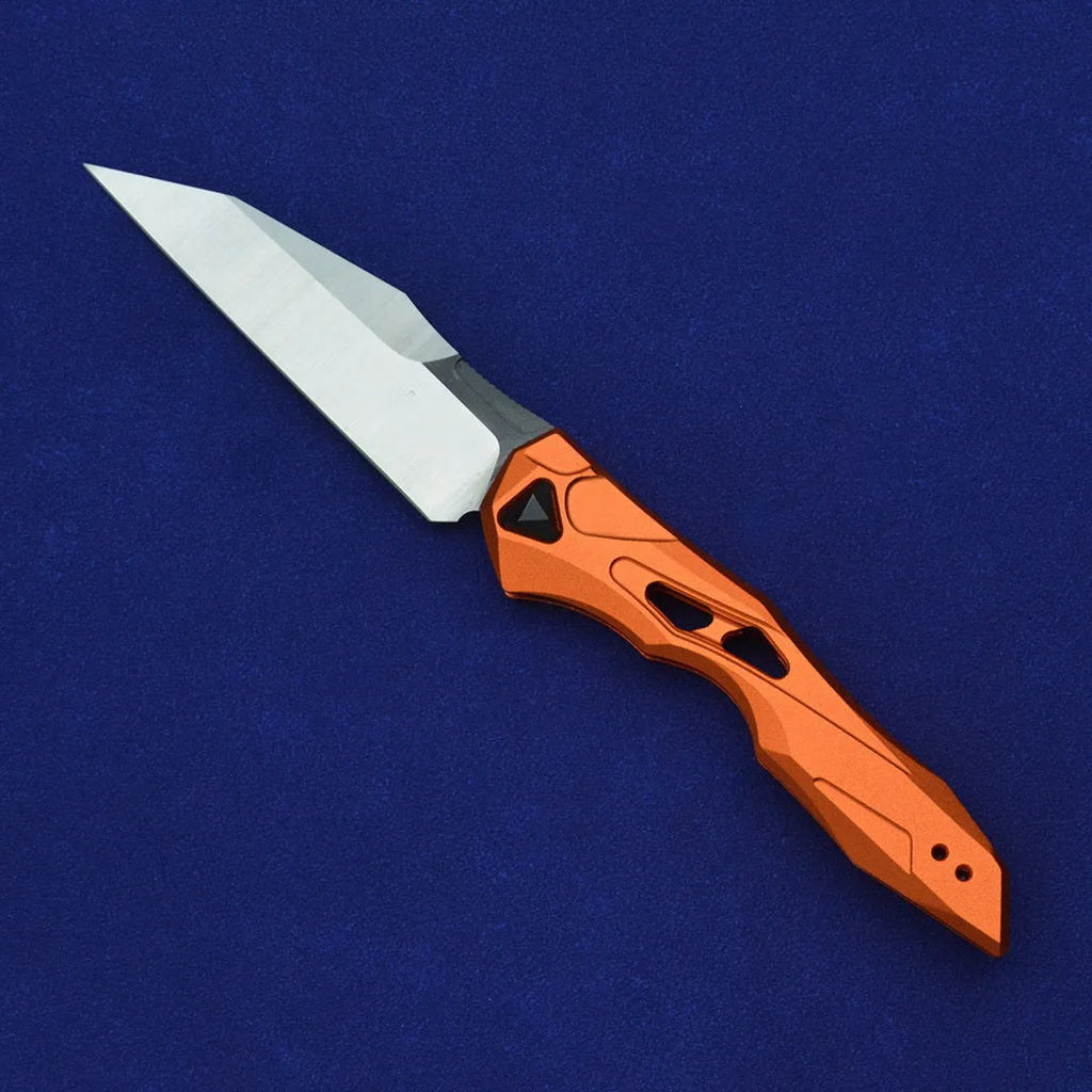 Black folding fruit knife with D2 steel blade and aluminium handle showing open and closed positions