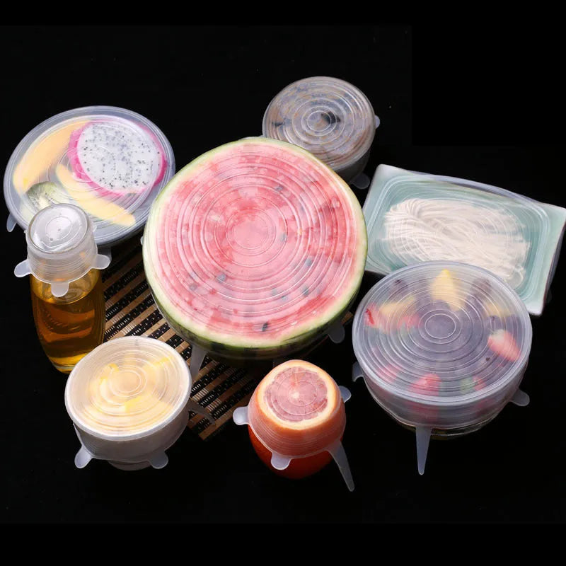 Set of six colourful silicone stretch lids in different sizes for covering bowls and food containers.