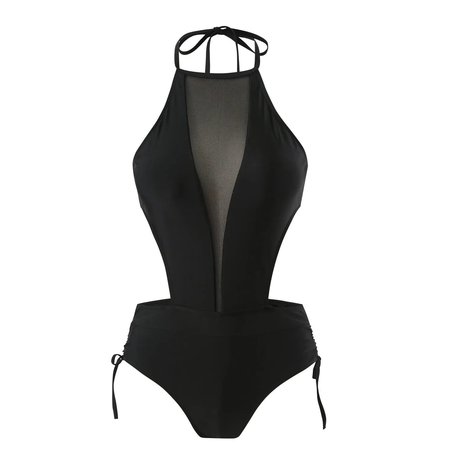 Black one-piece swimsuit with nude back design and hollow-out detailing on female model