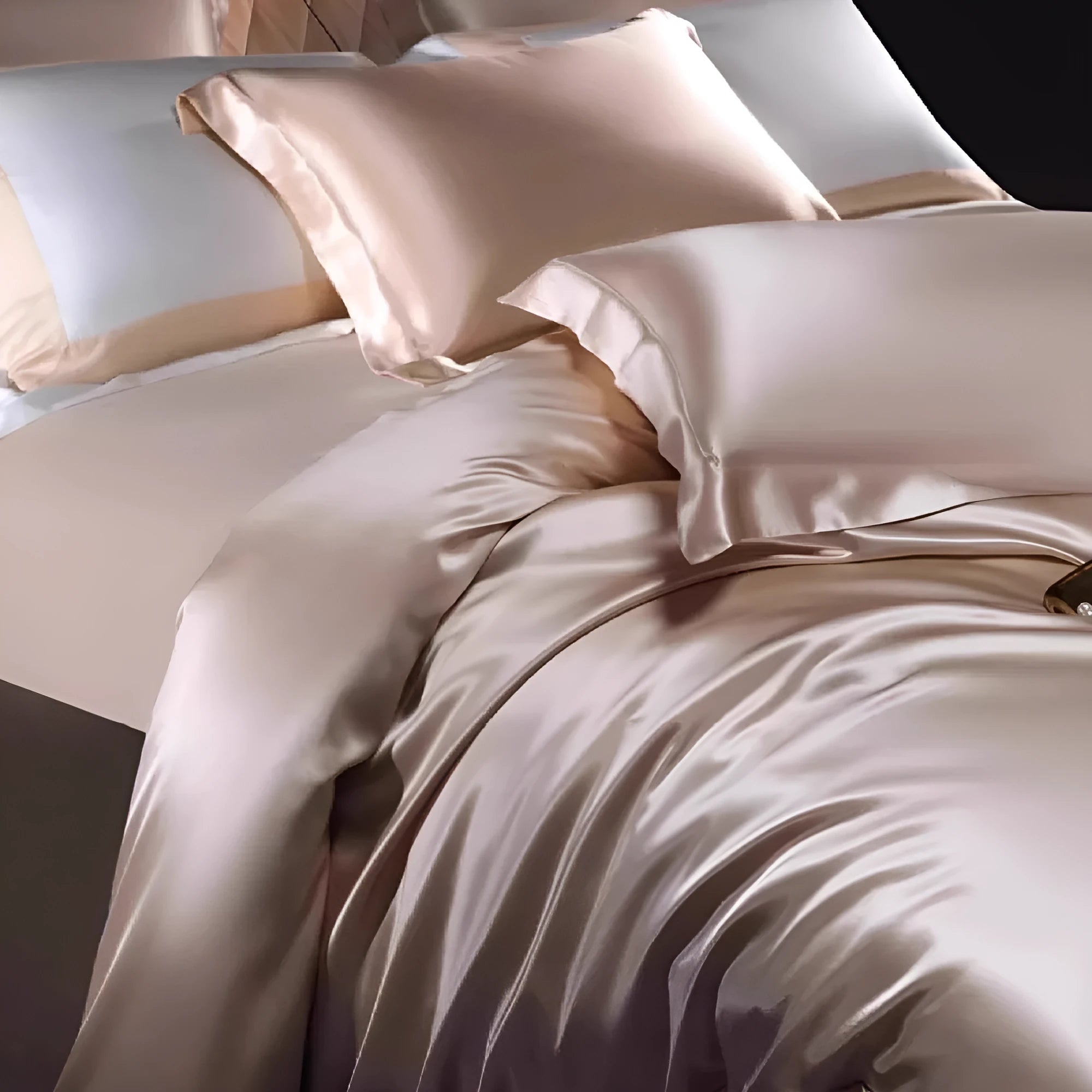 Household Fashion silk quilt cover set in Champagne Gold colour, showing quilt cover and pillowcases on a bed.