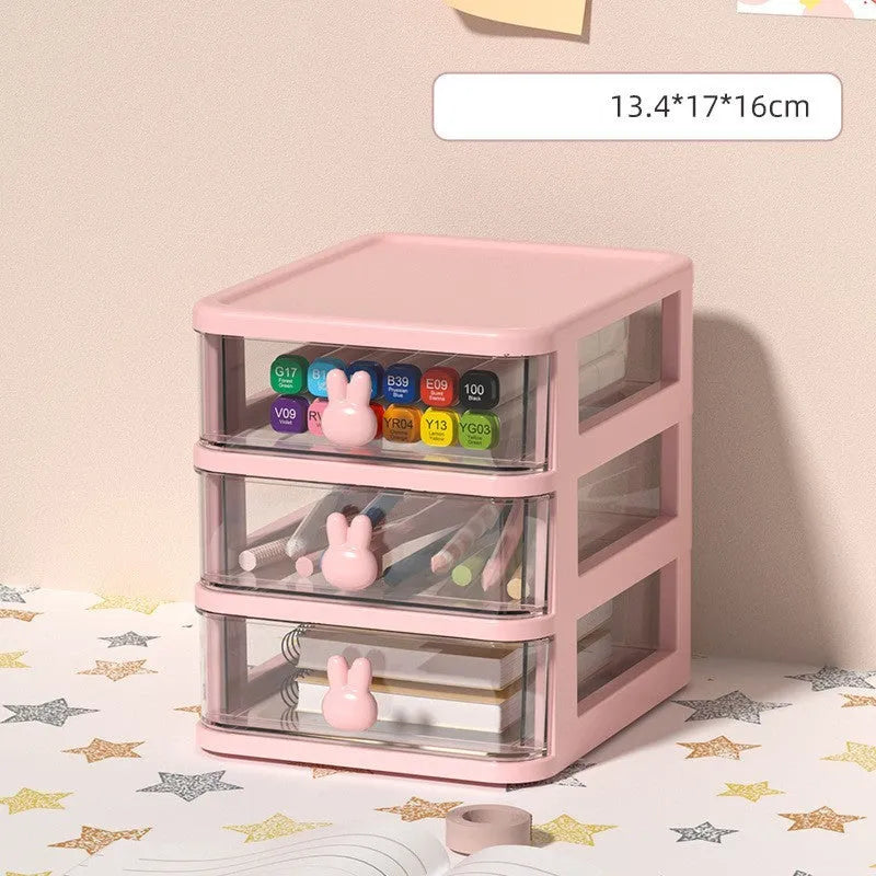 Pink rabbit cartoon desktop storage box with 4L capacity PP plastic drawer-type organizer for children's hair clips