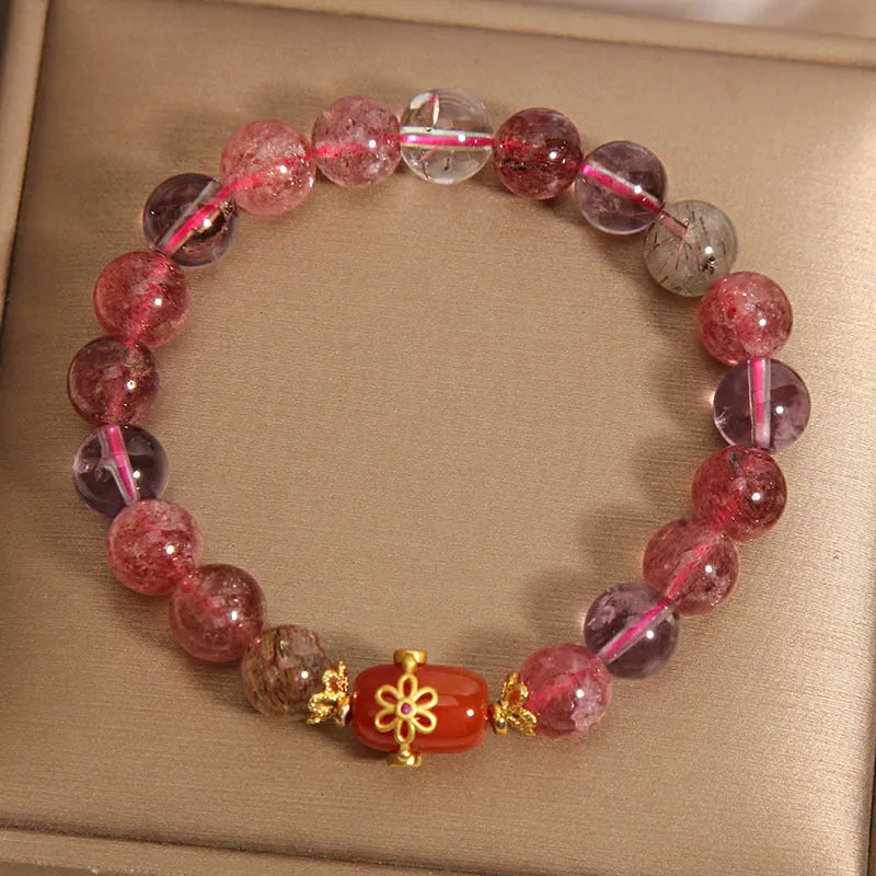 Natural Super Seven crystal bracelet with white crystal and red agate stones in cartoon style