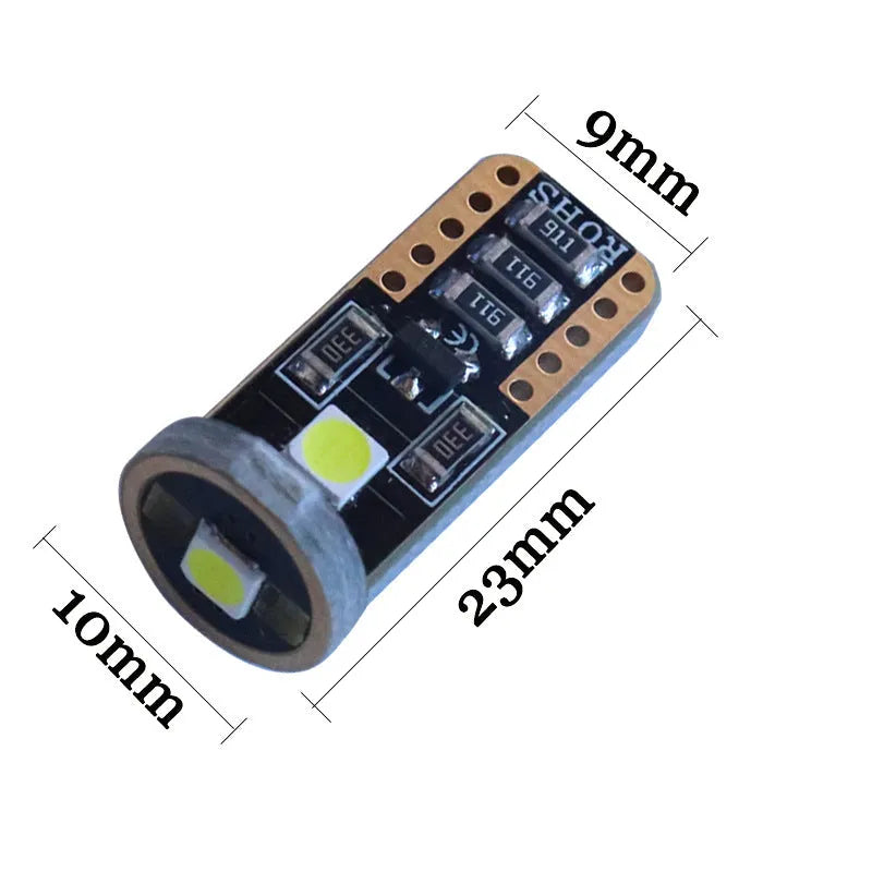 T10 W5W LED car light with blackboard white finish and compact 23mm x 9mm dimensions
