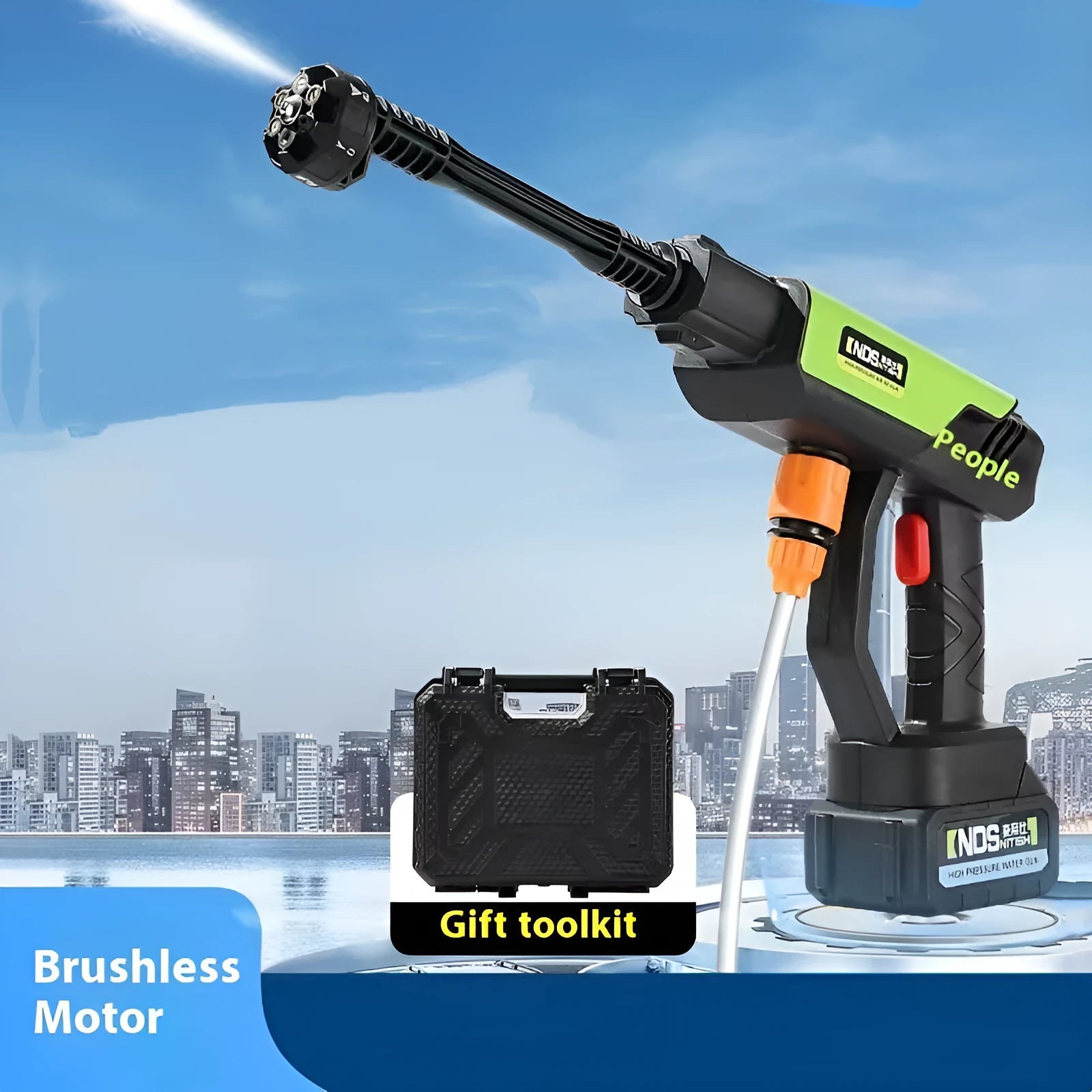 Green wireless high-pressure water gun with multiple nozzle attachments and accessories on a grey background