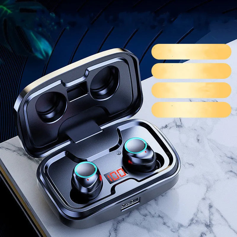 Black wireless in-ear earphones with Bluetooth 5.0 showing private mould design.