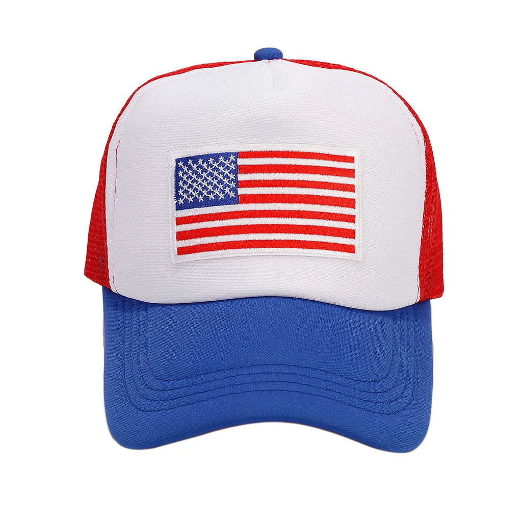 Red and blue contrast mesh baseball cap with adjustable dome crown design