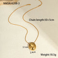 Gold geometric pendant necklace on a stainless steel chain with adjustable length.