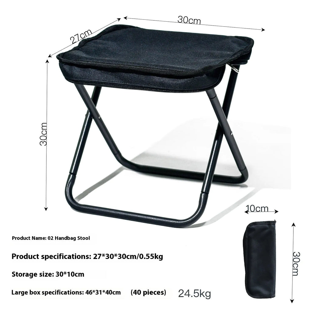 Lightweight foldable camp stool in Oxford cloth, shown in khaki colour, folded and unfolded.