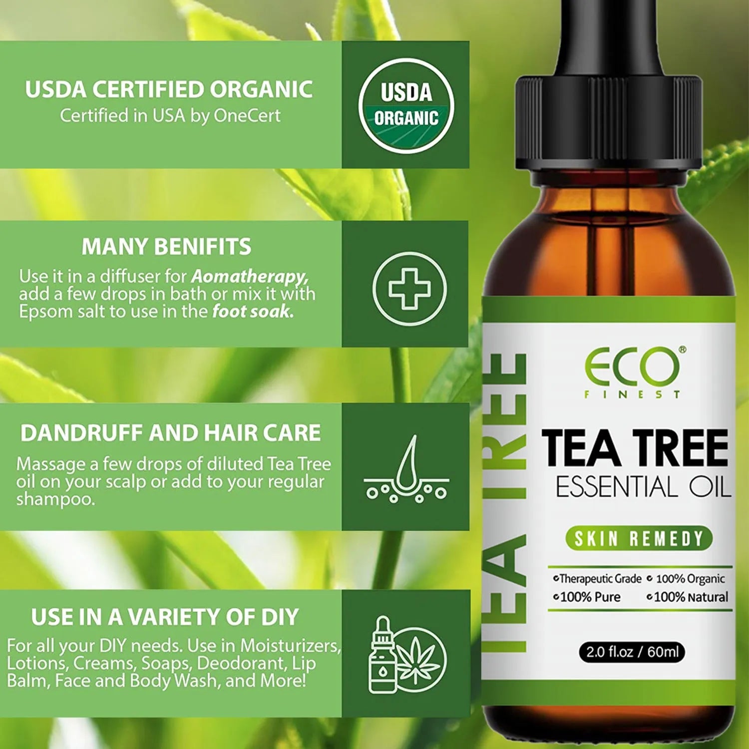 60ml tea tree essential oil bottle with dropper for facial skincare and massage