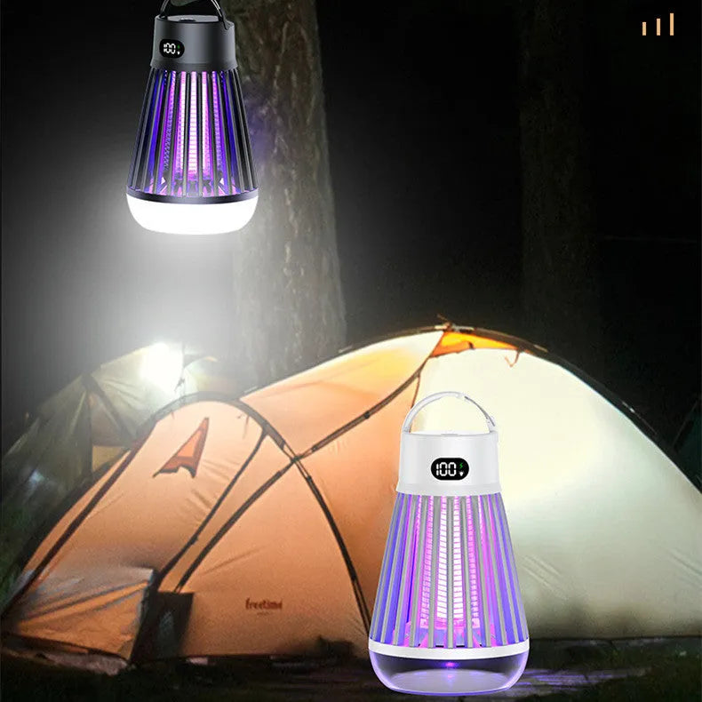 Digital display mosquito killer lamp with electric shock grid, white colour, on a tabletop with USB cable