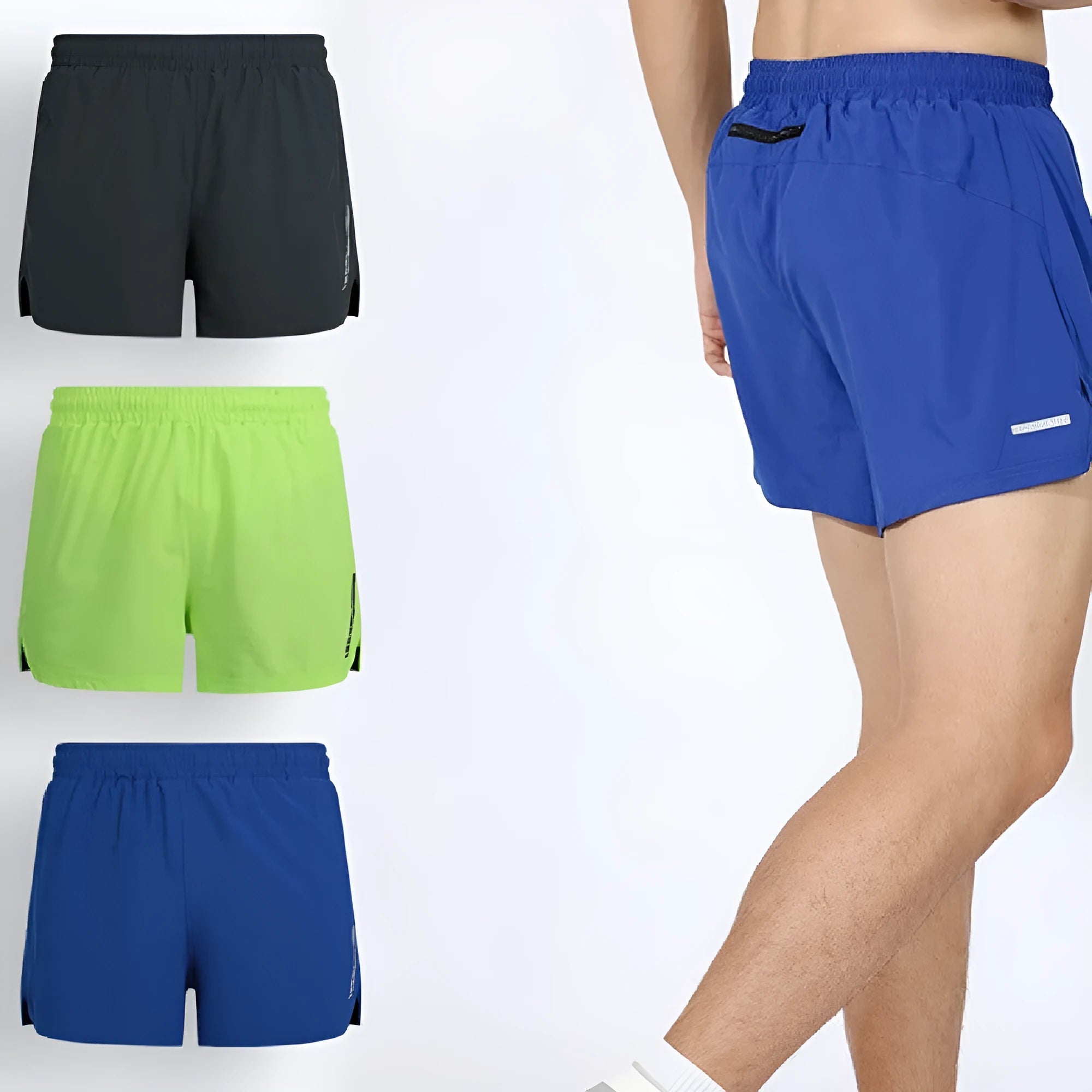 Grey straight-leg men's running shorts made from quick-dry polyester fabric on a white background.